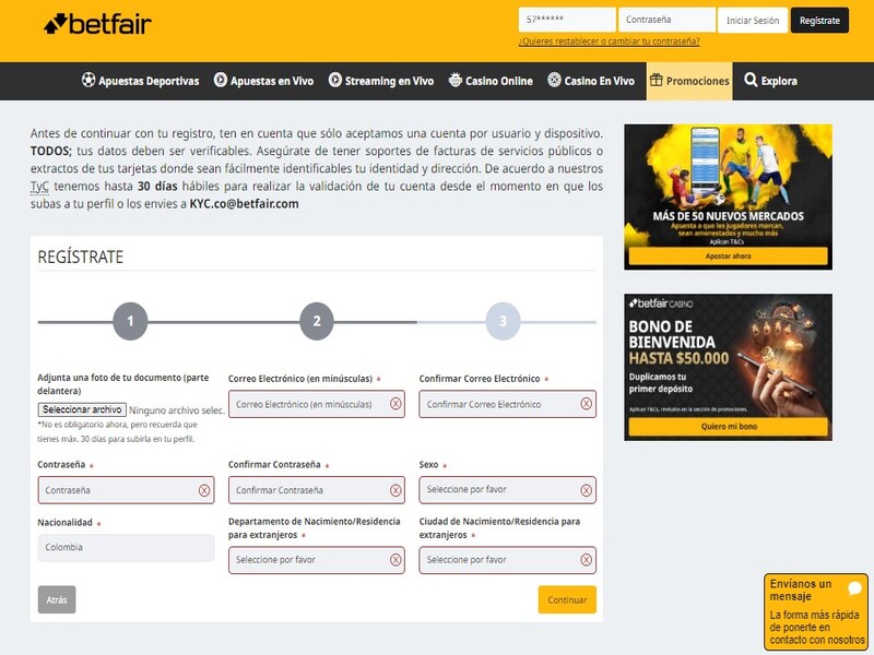 Aparecerá el formulario que se debe rellenar para registrarse en Betfair