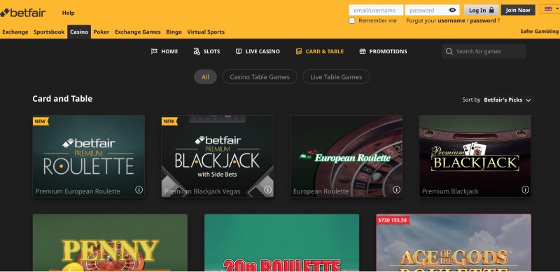 Betfair online casino cash games